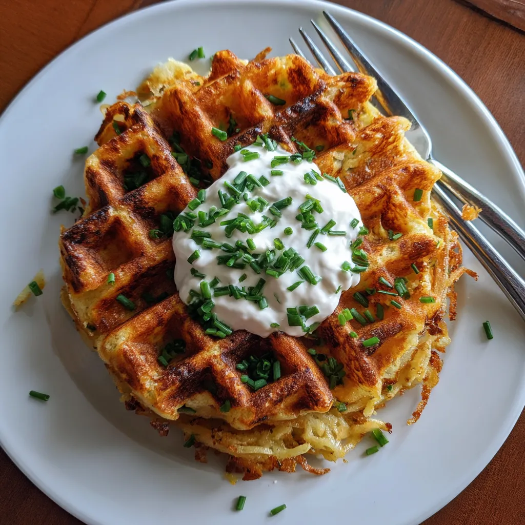 Ein weißer Teller mit einem Waffelstück, das mit Mayonnaise und Zwiebeln garniert ist.