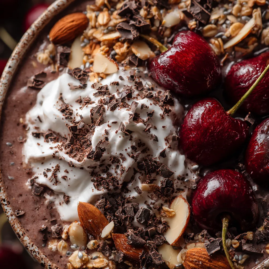 Ein schwarzer Forstkuchen Smoothie Bowl mit Cherry, Mandeln, Nüssen, Schokolade und Walnüssen.