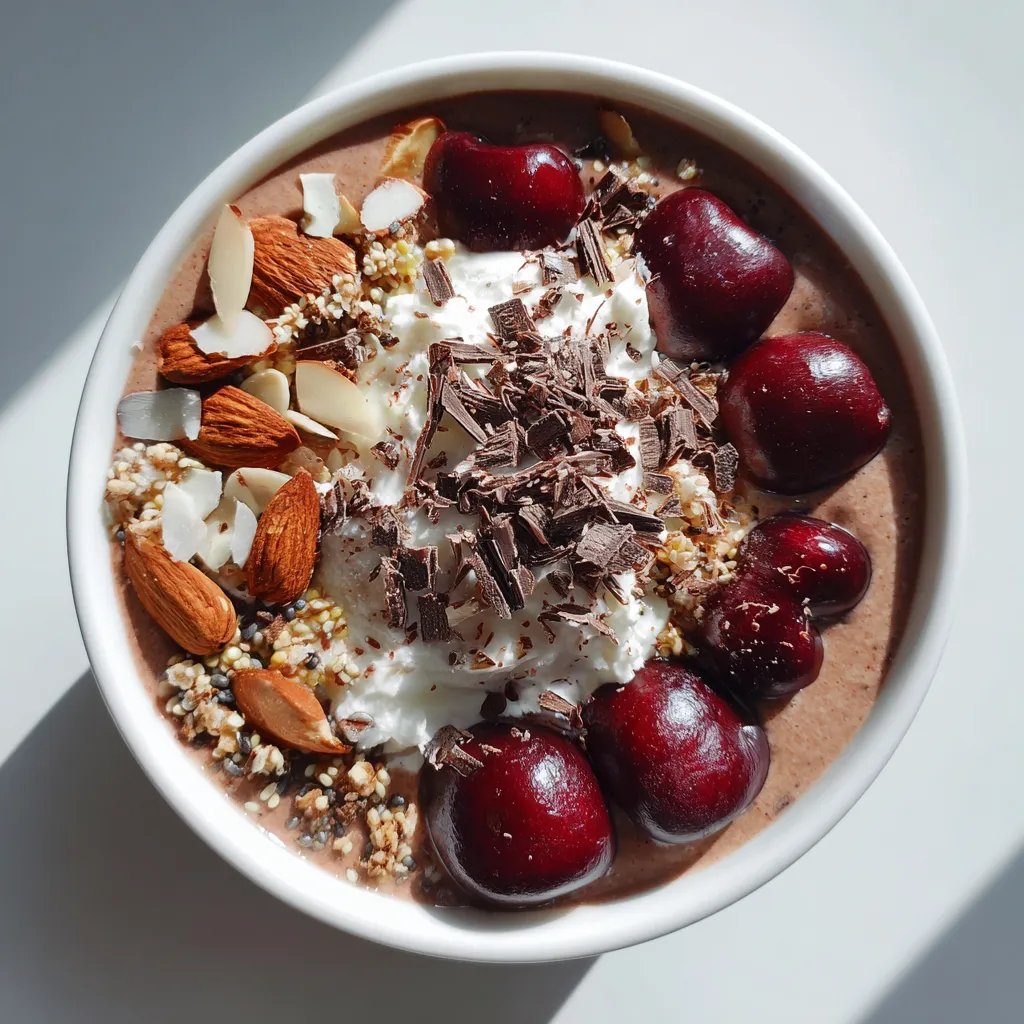 Ein schwarzes Dessert in einem Becher, das aus Schokolade, Nüssen, Cherries und Schokoladensoße besteht.