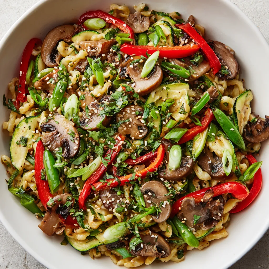 Ein weißer Teller mit einer Mischung aus Spätzle, Mushrooms und Zwiebeln.
