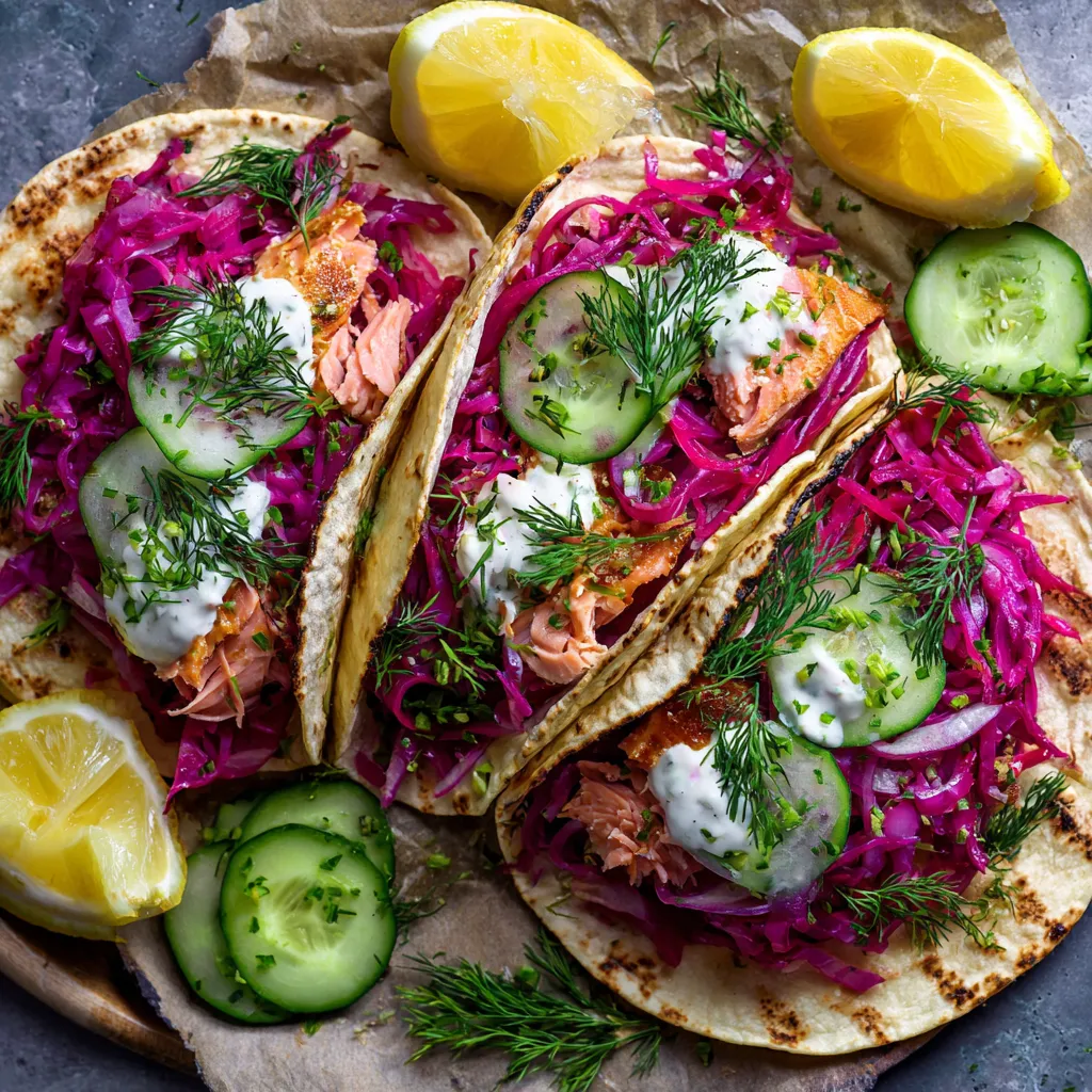 Ein Bild von Smoked Trout Tacos, die auf einem Teller mit verschiedenen Zutaten wie Käse, Zwiebeln, Linsen und Zucchini präsentiert werden.