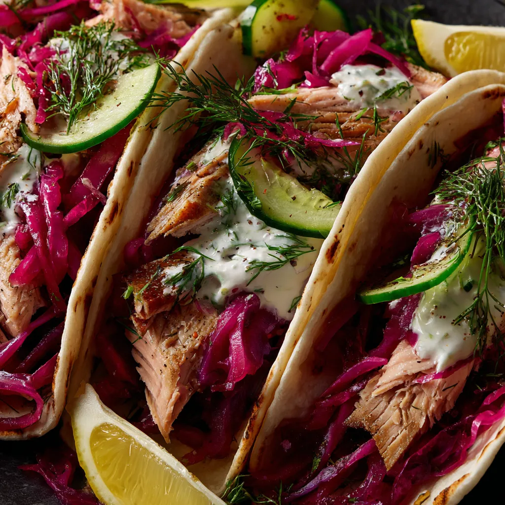 Ein Bild von zwei Tacos, die mit Salat, Zwiebeln und Salmonschinken gefüllt sind.