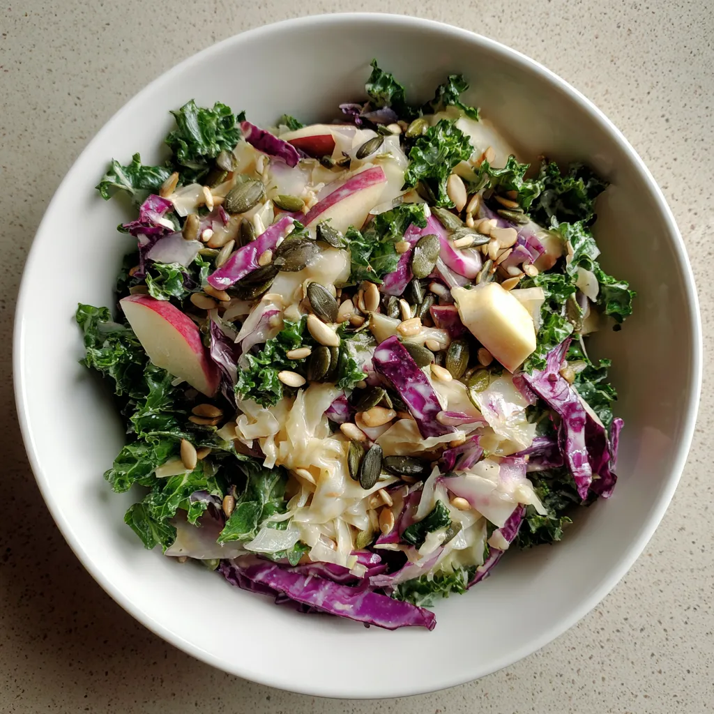 Ein weißer Teller mit einer Kale-Sauerkraut-Salat.