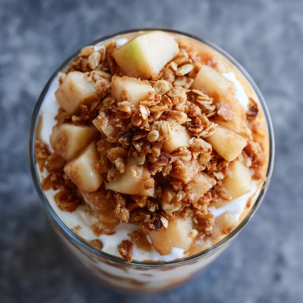 Ein Glas mit einer Mischung aus Apples und Nüssen, die als Apple Strudel Parfait bezeichnet wird.