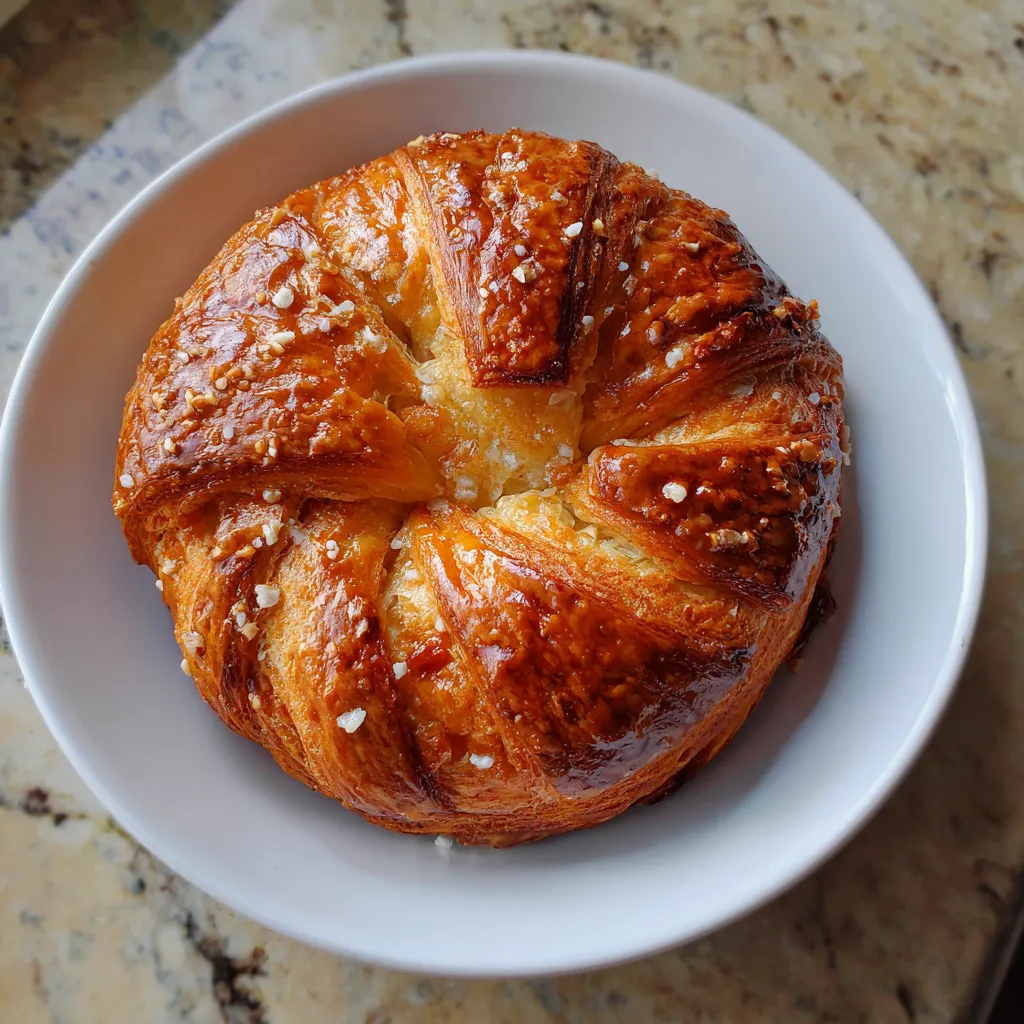 Ein weißer Teller mit einem Pretzel Croissant Fusion.