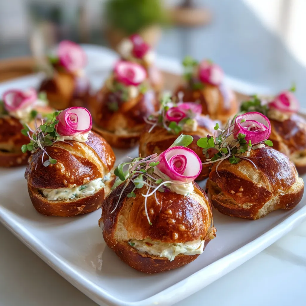 Eine Platte mit Pretzel Sliders, die mit Obatzda und Radish Roses garniert sind.