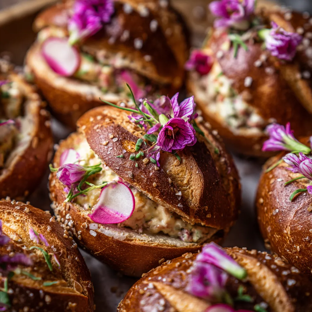 Pretzel Sliders mit Obatzda & Radish Roses.