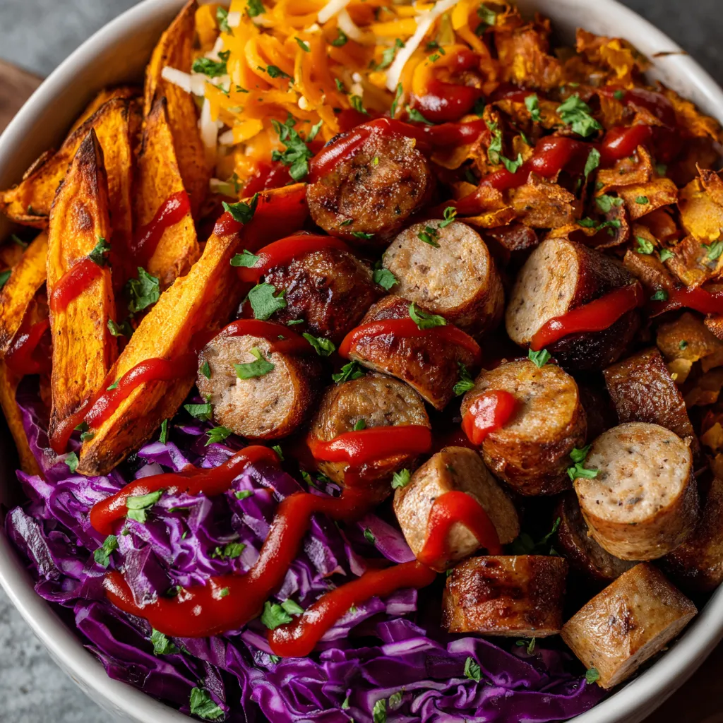 Ein Vegan Currywurst Power Bowl mit einer Mischung aus Gemüse, Kartoffeln, Sauerkraut, Ketchup und Currywurst.