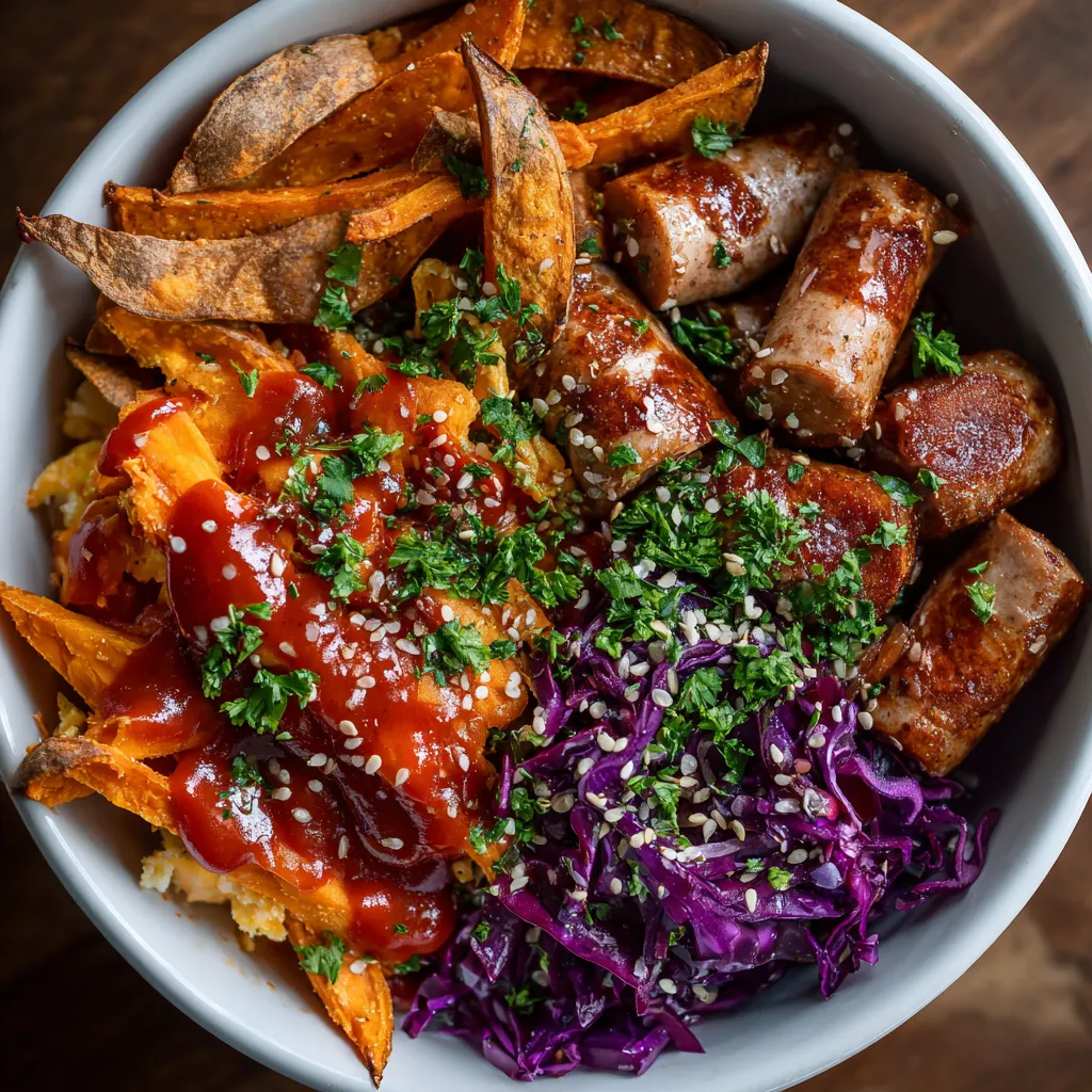 Ein Vegan Currywurst Power Bowl mit einer Mischung aus Kartoffeln, Sauerkraut, Zwiebeln, Paprika, Sellerie, Koriander und Currywurst.