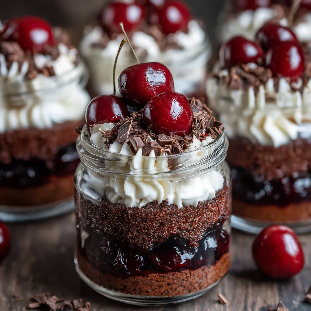 Mini Black Forest Cake Jars mit Cherry-Topping.