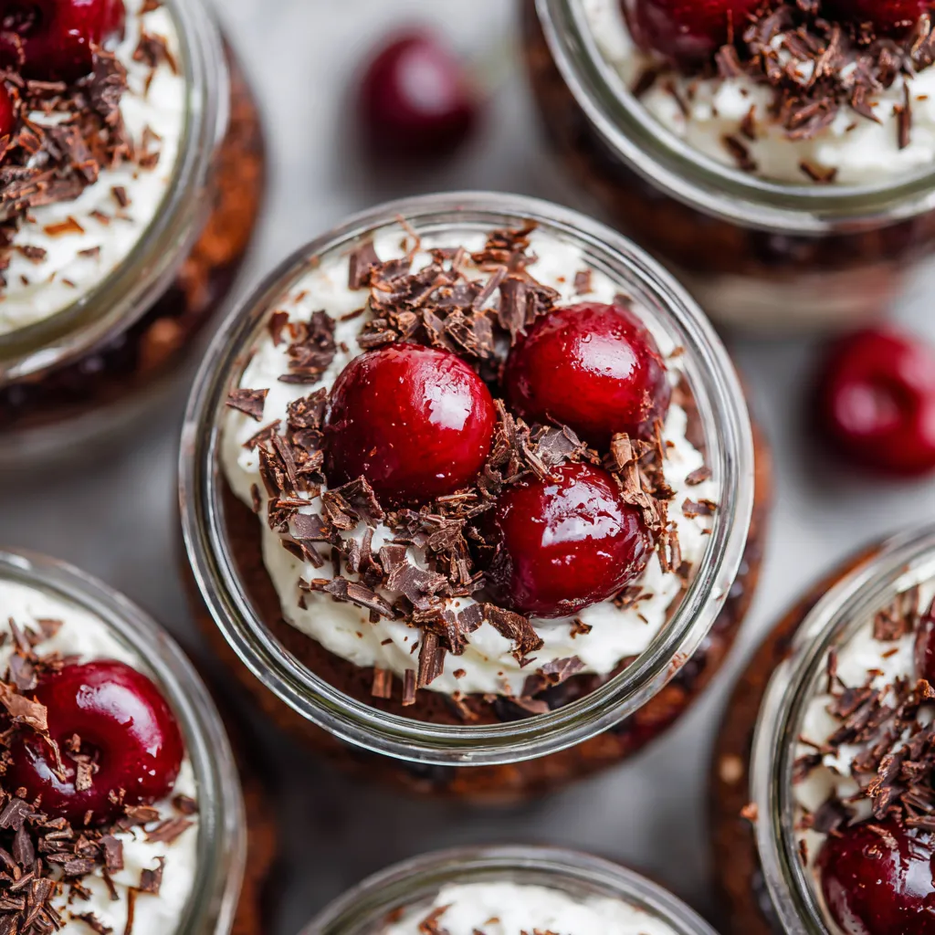 Mini Black Forest Cake Jars mit Schokoladenglasur, Früchten und Schokolade.