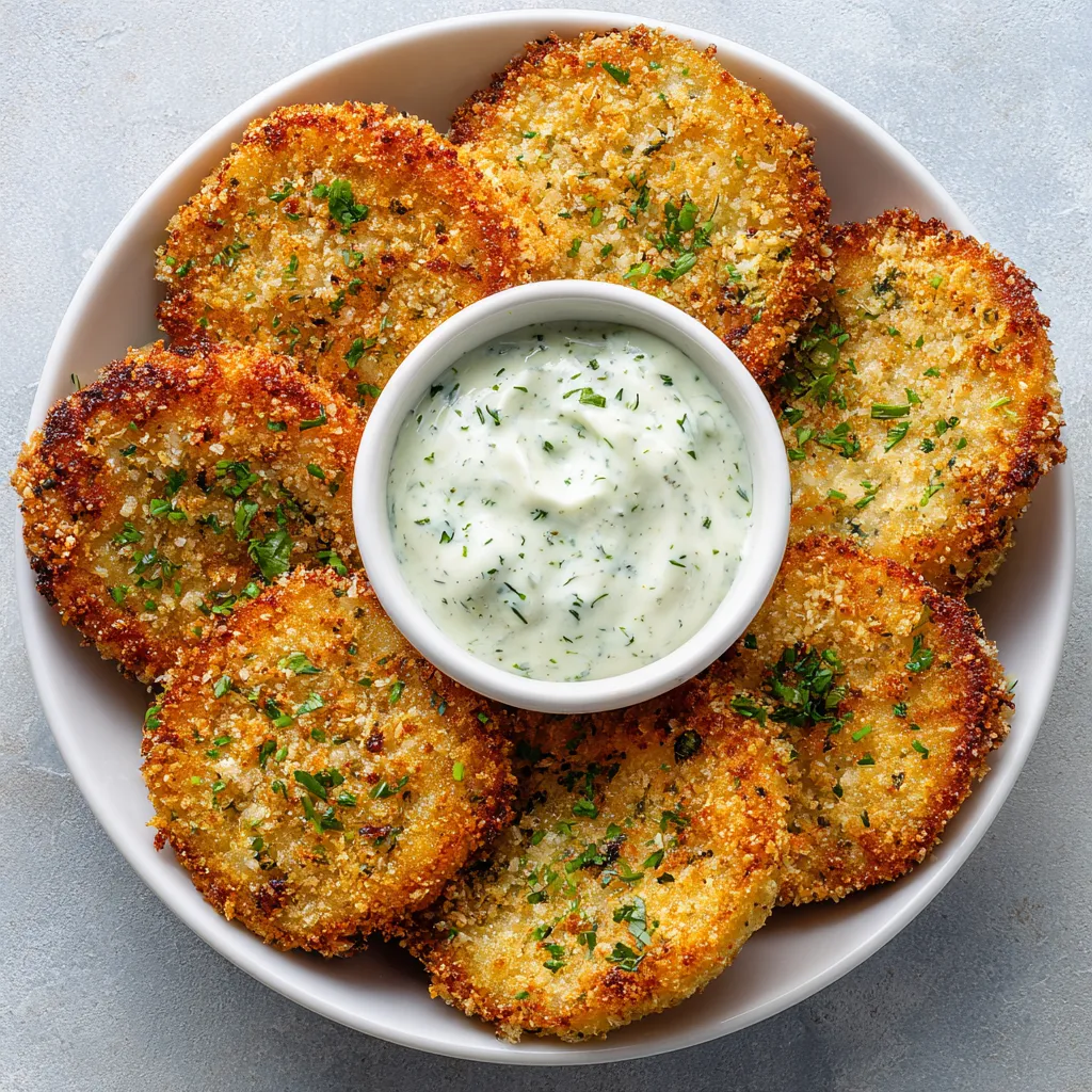 Ein weißer Teller mit Kohlrabi Schnitzeln, die in einer Sauce serviert werden.