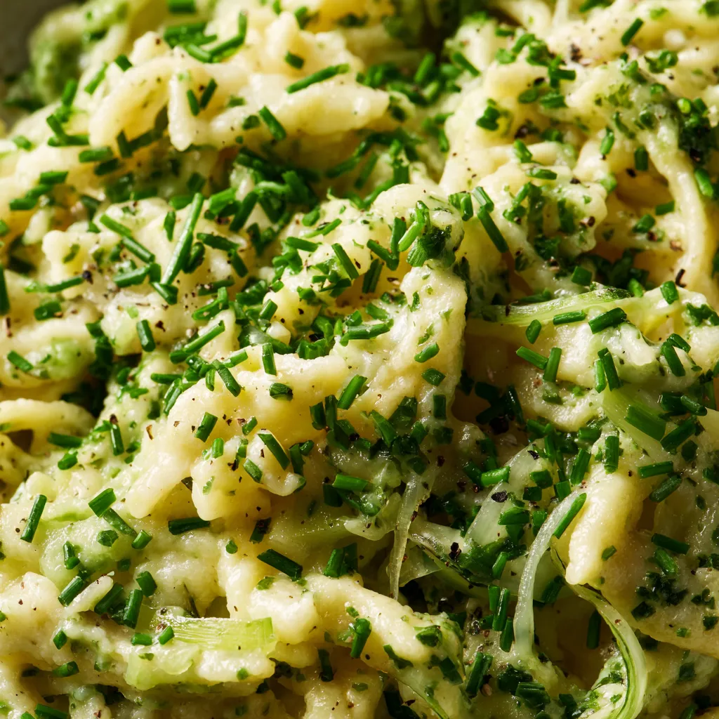 Eine Schüssel mit Spätzle, die mit Zwiebeln und Garlicke belegt sind.