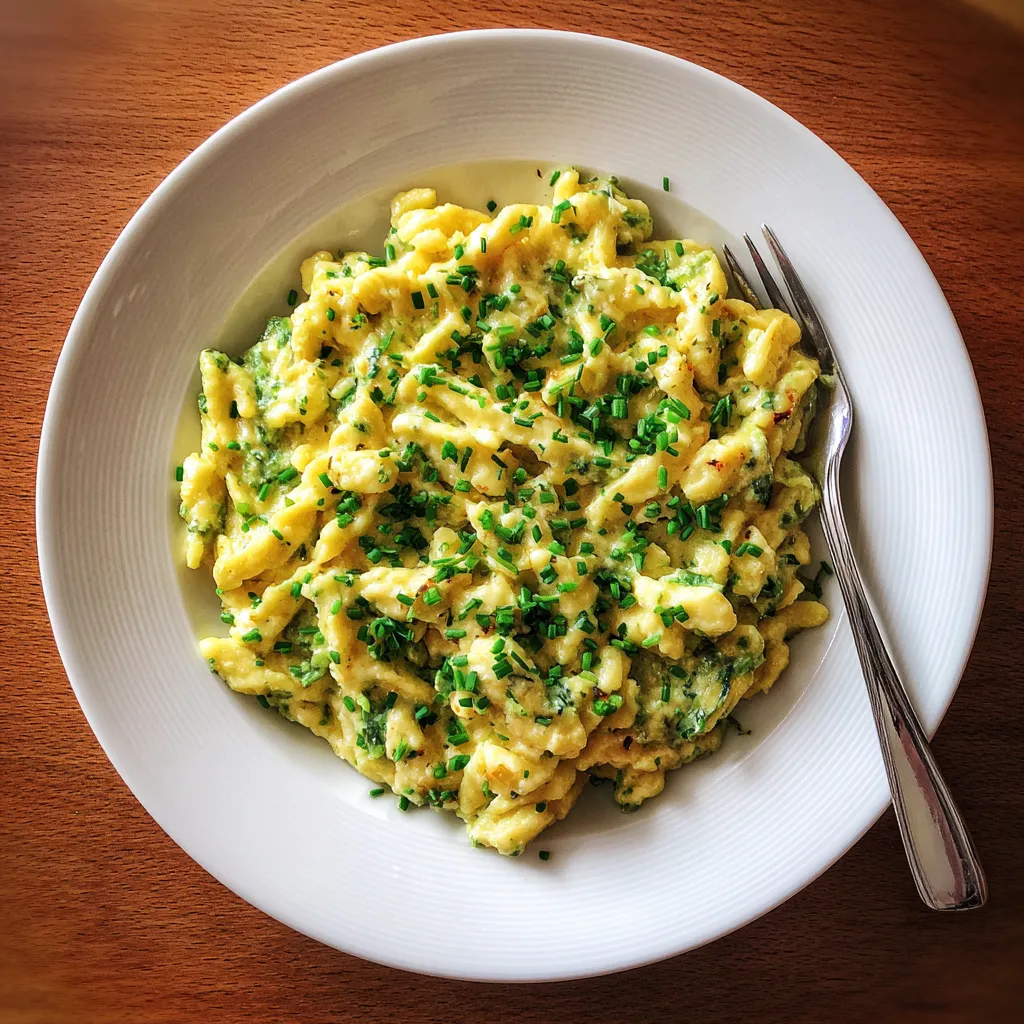 Ein weißer Teller mit Spätzle, die mit Zwiebeln und Knoblauch garniert sind.