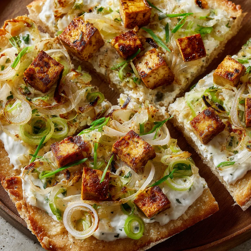 Eine Flammkuchen-Flatbread mit veganer Crème und geröstetem Tofu.