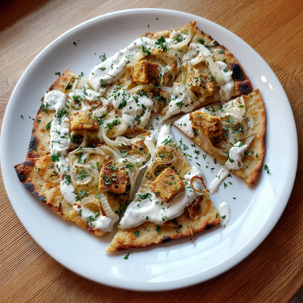Eine Flammkuchen-Flatbread mit veganer Crème und geröstetem Tofu.