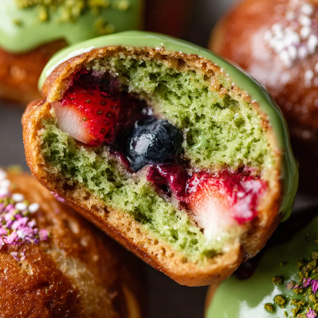 Ein Berliner Donut mit einer Schicht aus Matcha und Berries.