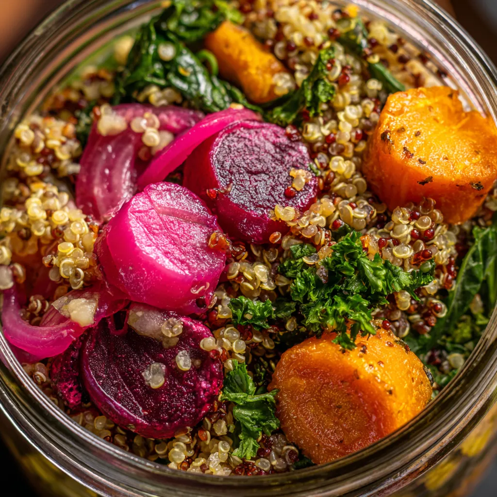 Ein Glas mit Quinoa Sauerbraten Salat.