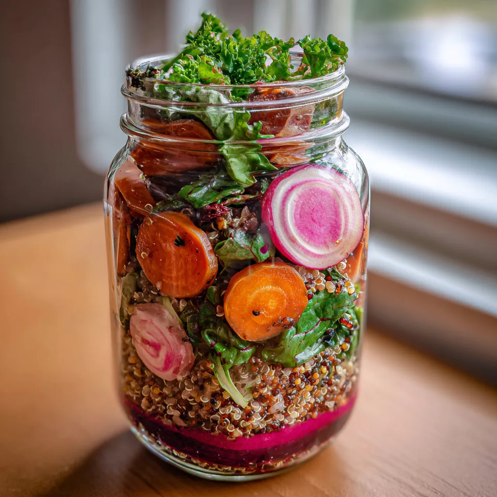 Ein Glas mit einer Mischung aus Quinoa, Sauerbraten und Salat.