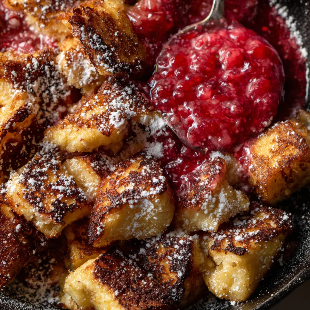 Ein Schmelztopf mit Kaiserschmarrn und Rhubarb-Compote.