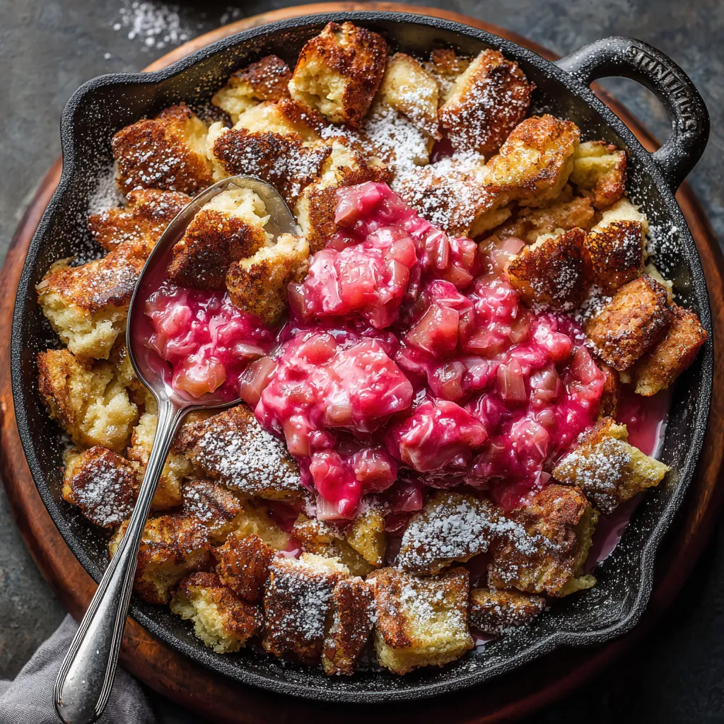 Ein Skillet mit Kaiserschmarrn und Rhubarb-Compote.