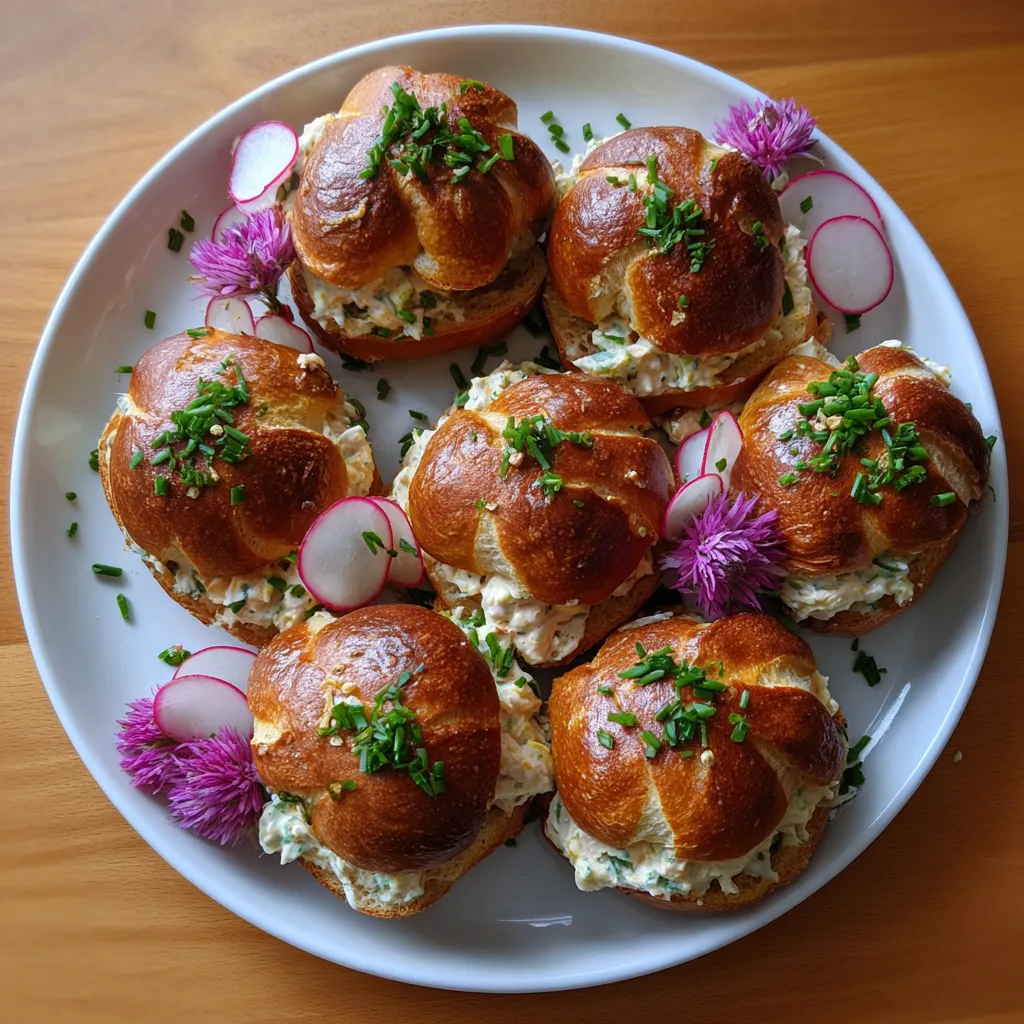 Ein weißer Teller mit Pretzel-Sliders, die mit veganem bayerischem Käse-Spread und Radish-Rosen garniert sind.