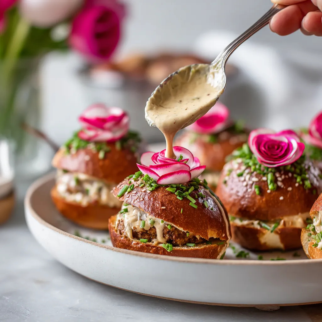 Ein weißer Teller mit Pretzel Sliders, die mit veganem bayerischem Käse-Spread und Radish Roses garniert sind.