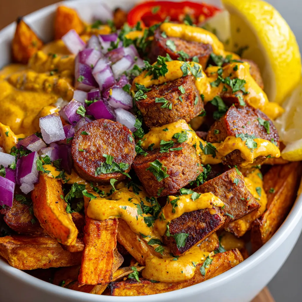 Ein Glow-Bowl mit einer Mischung aus Currywurst, Kartoffeln, Zwiebeln, Tomaten, Paprika und Knoblauch.