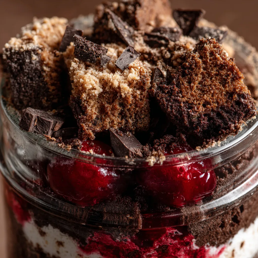 Ein Glas mit schwarzem Forst-Chaos-Kuchen, der mit Schokolade, Raspberry und Cherry geschmolzen ist.