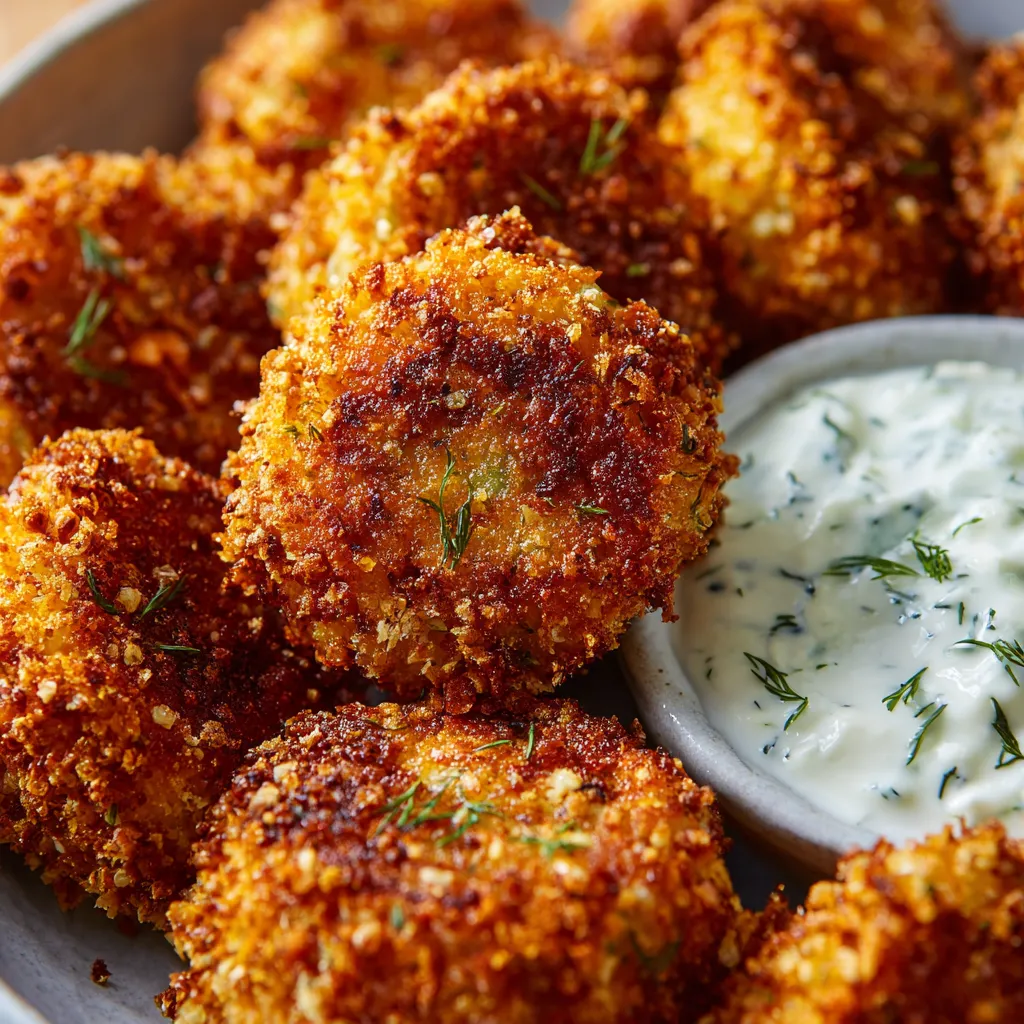Ein Schälchen mit Kohlrabi Schnitzel Bites, die mit einer Haferknusper und Dill Yogurt Dip serviert werden.