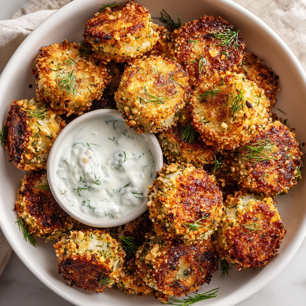 Ein weißer Becher mit Kohlrabi Schnitzel Bites, die mit einer hazelnutten Kruste und einer Dill-Yogurt-Dip serviert werden.