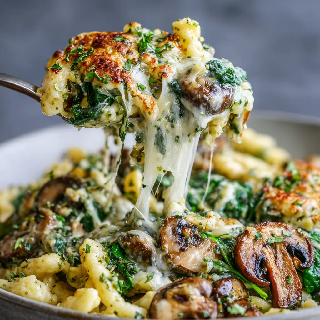 Ein Skillet mit Spätzle, die mit Wild Garlic und Vegan Cheese-Pull zubereitet sind.