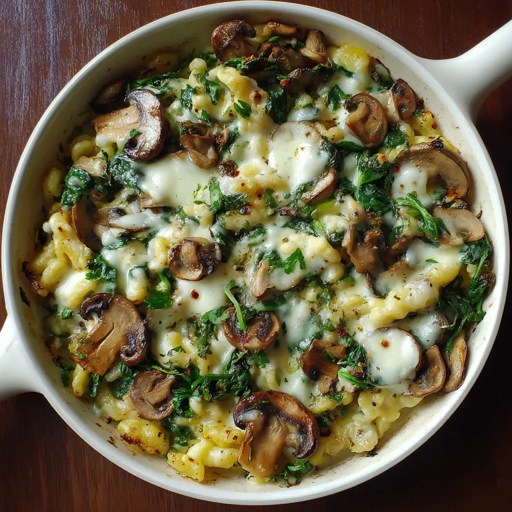 Ein Schälchen mit Spätzle, Mushrooms, Zwiebeln und Käse.