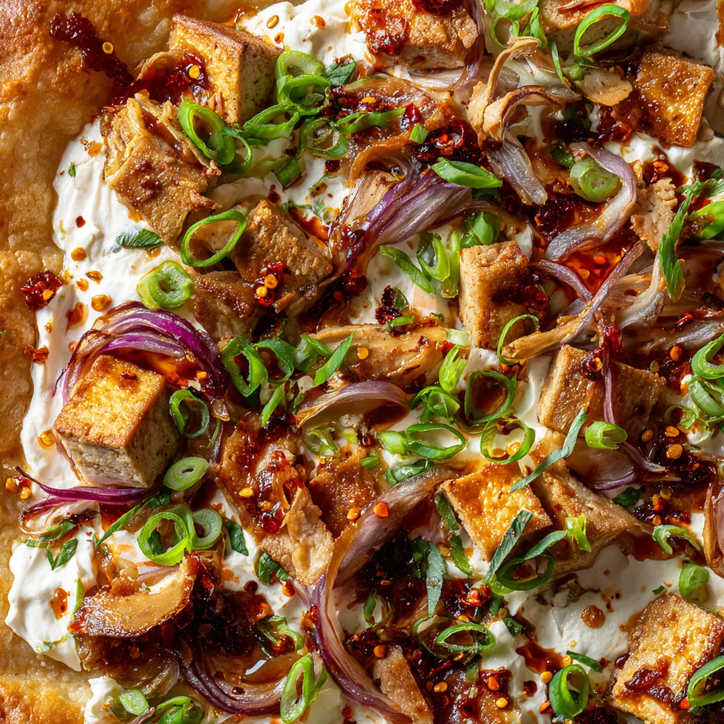 Ein Flammkuchen mit verschiedenen Zutaten wie Chili-Crisp, Onion, Zwiebeln und Knoblauch.