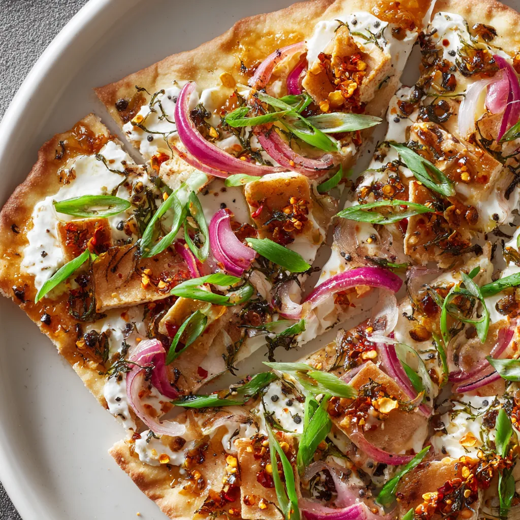 Ein Flammkuchen mit Chili-Crisp und verschiedenen Zutaten wie Onion, Tomaten, Zwiebeln und Parmesan.