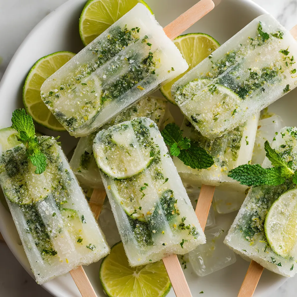 Ein weißer Teller mit Popsicles, die mit Zitronen und Mint garniert sind.