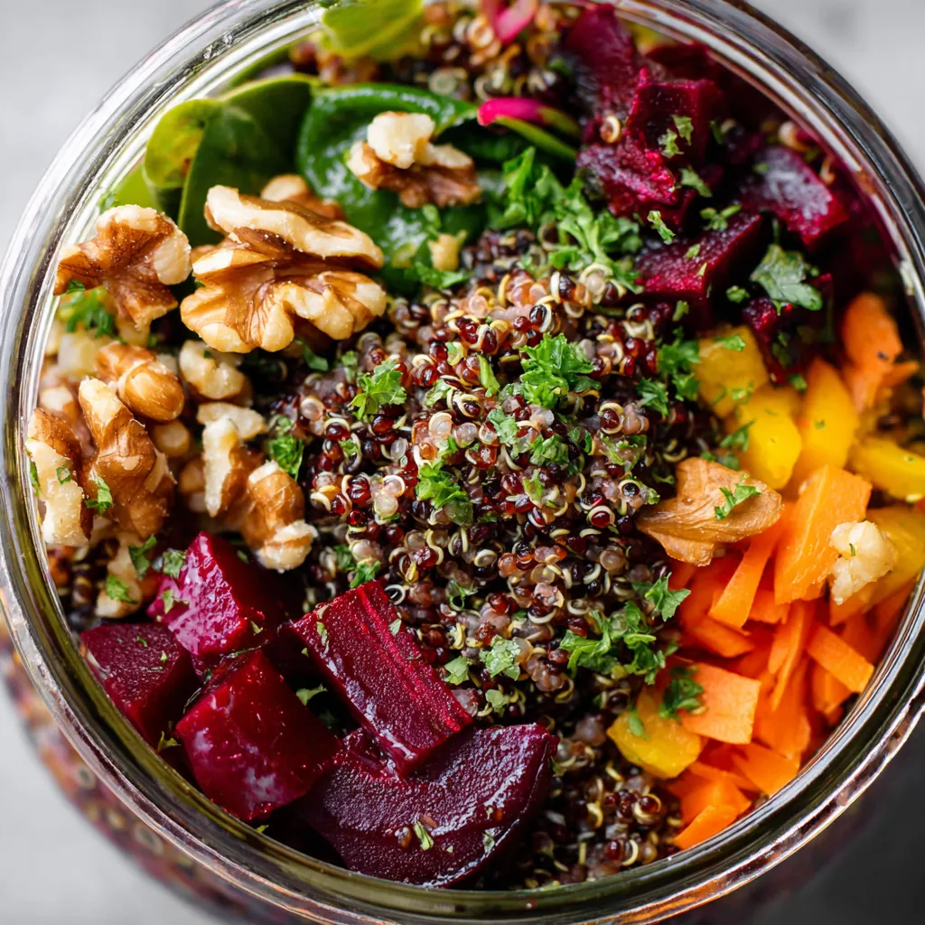 Ein Glas mit einer Mischung aus Quinoa, Nüssen, Gemüse und Beeren.