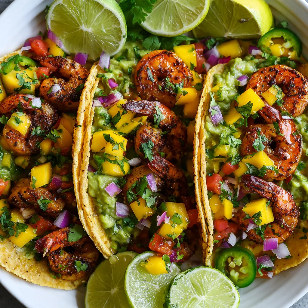 Ein weißer Teller mit Shrimp Tacos, die mit Mango Salsa garniert sind.