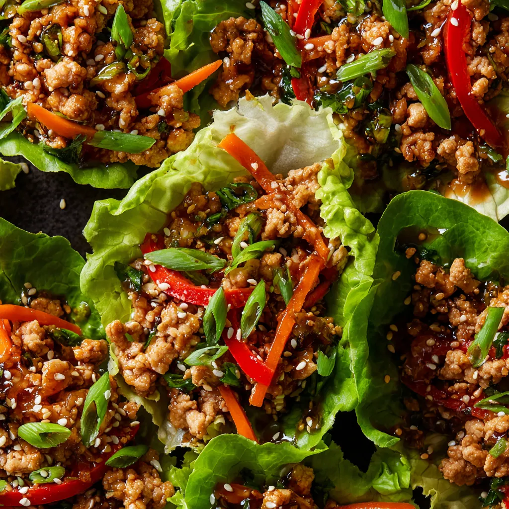 Ein Bild von Asain Chicken Lettuce Wraps, die auf einem Teller oder einer Platte liegen.