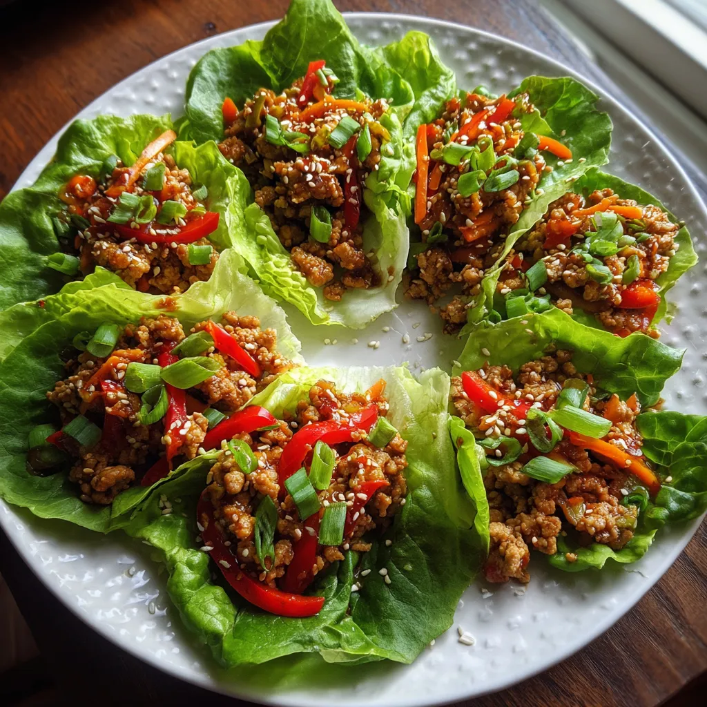 Ein weißer Teller mit frisch zubereiteten asiatischen Chicken Lettuce Wraps.