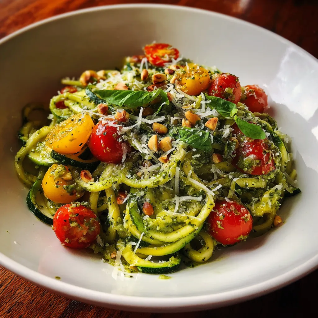 Ein weißer Teller mit Zucchini-Nudeln und Pesto.