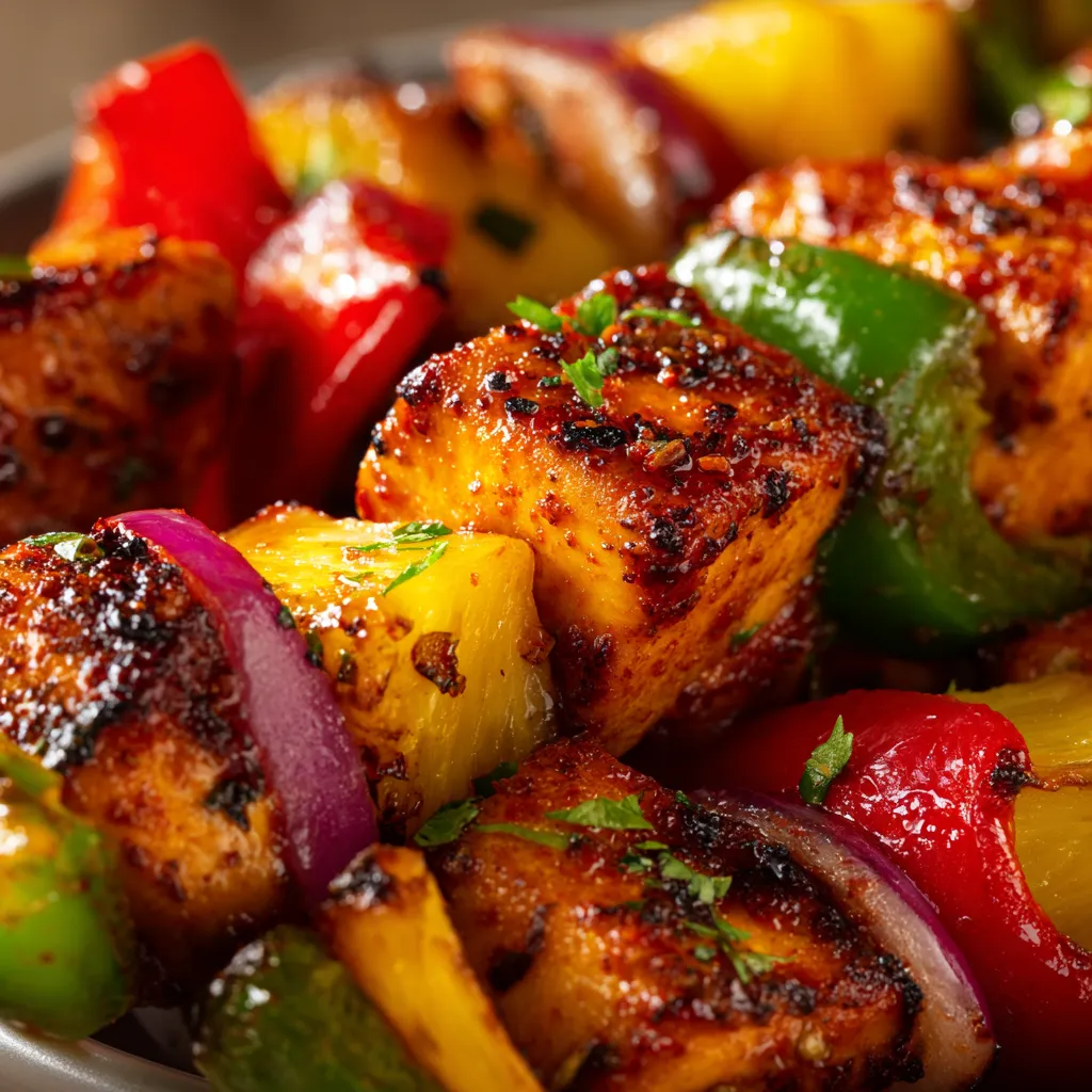 Ein Schüssel mit grilled Chicken-Pineapple Skewers.