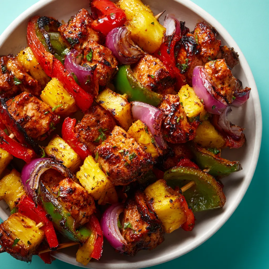 Ein Schüssel mit Grilled Chicken-Pineapple Skewers.