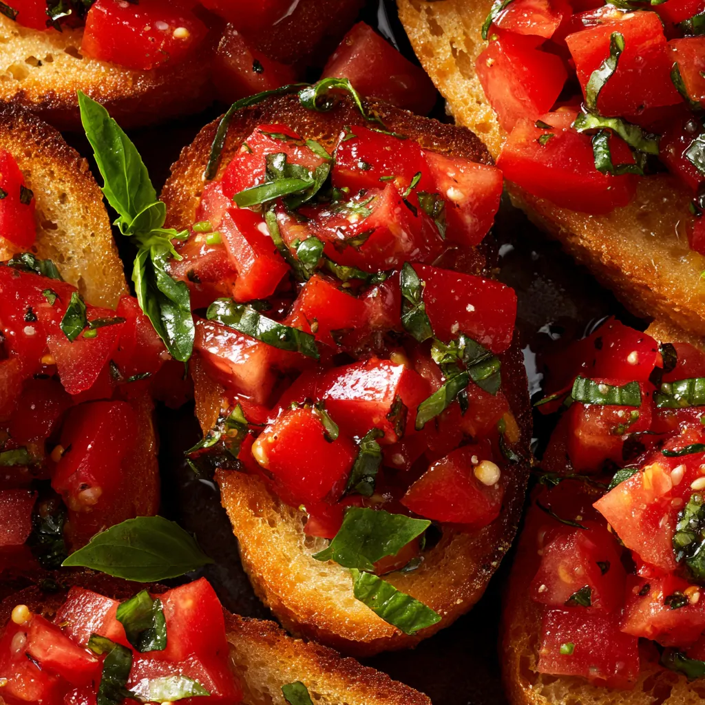 Eine Schüssel mit Bruschetta, die aus Tomaten, Basilikum und Knoblauch besteht.