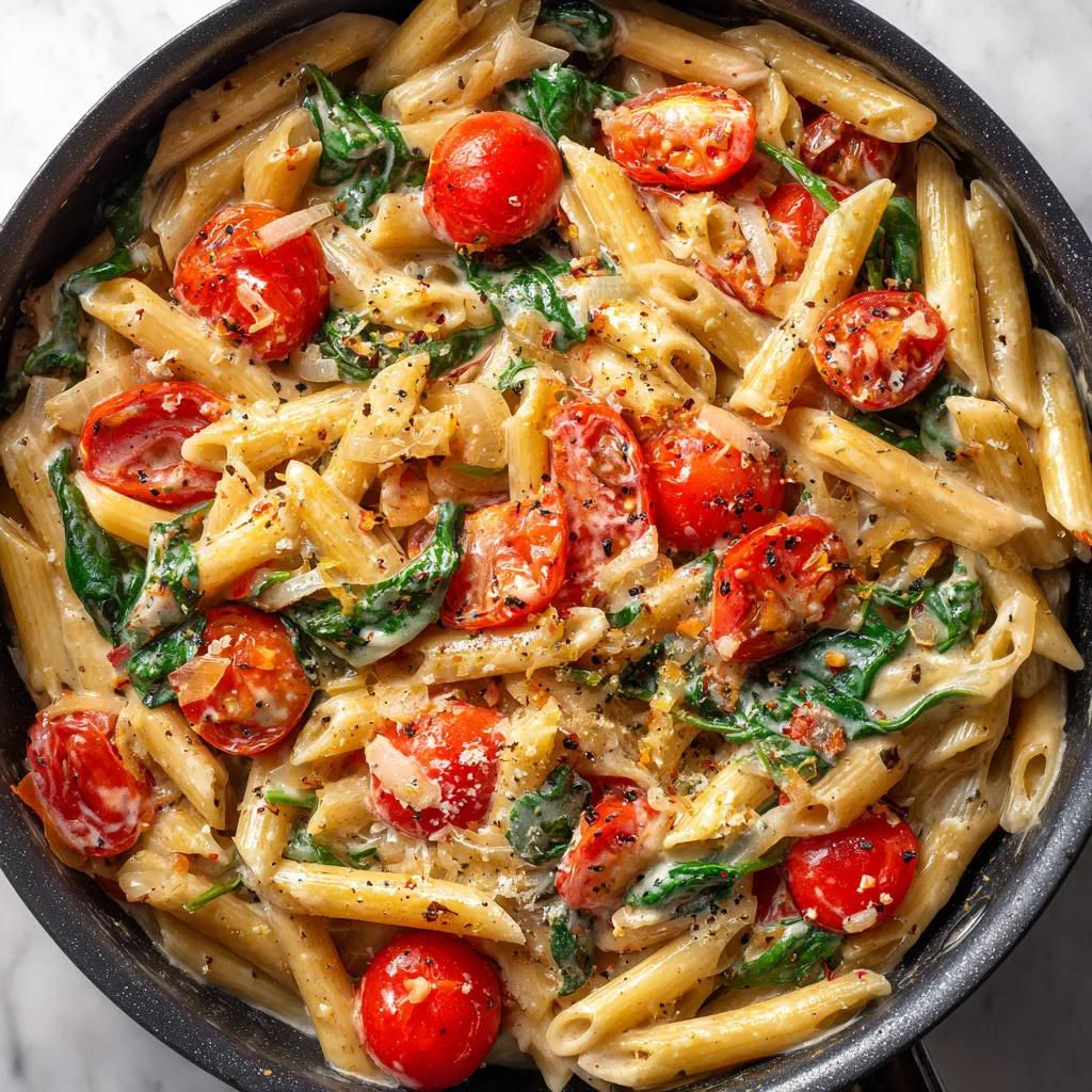Ein Bohnentopf mit Pasta, Tomaten, Basilikum und Kräutern.