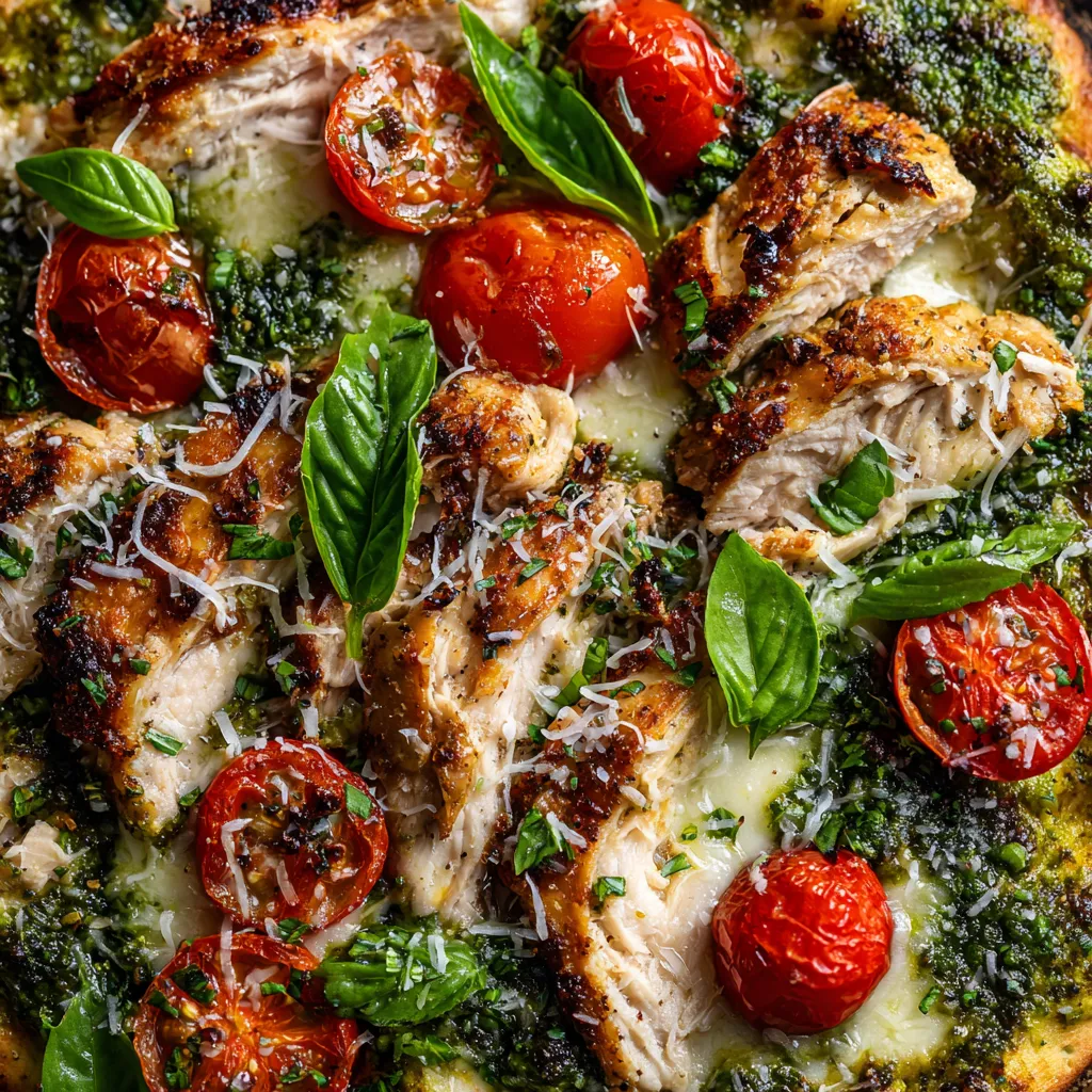 Eine grilled Pesto Chicken Flatbread mit verschiedenen Zutaten wie Tomaten, Basilikum und Parmesan.
