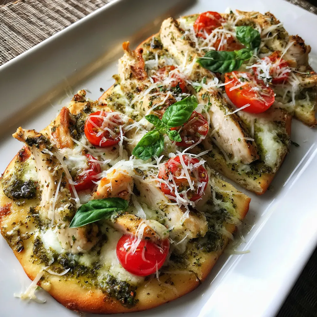 Ein Grilled Pesto Chicken Flatbread auf einem weißen Teller.