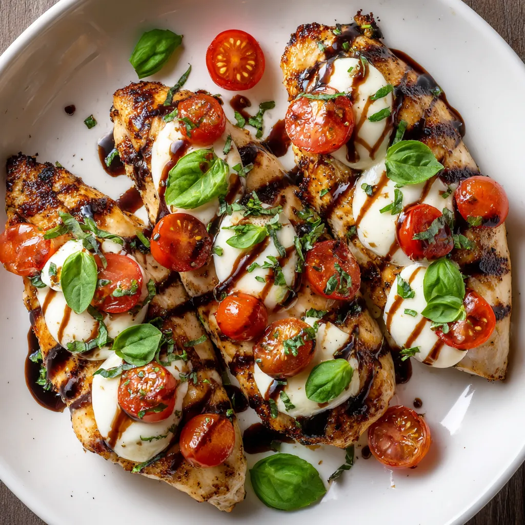 Caprese Grilled Chicken mit Tomaten, Basilikum und Mozzarella auf einem weißen Teller.