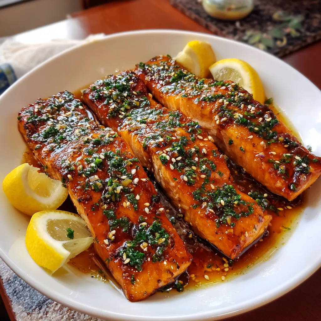 Ein weißer Teller mit Salmon, das in einer Honey Garlic Glaze serviert wird.
