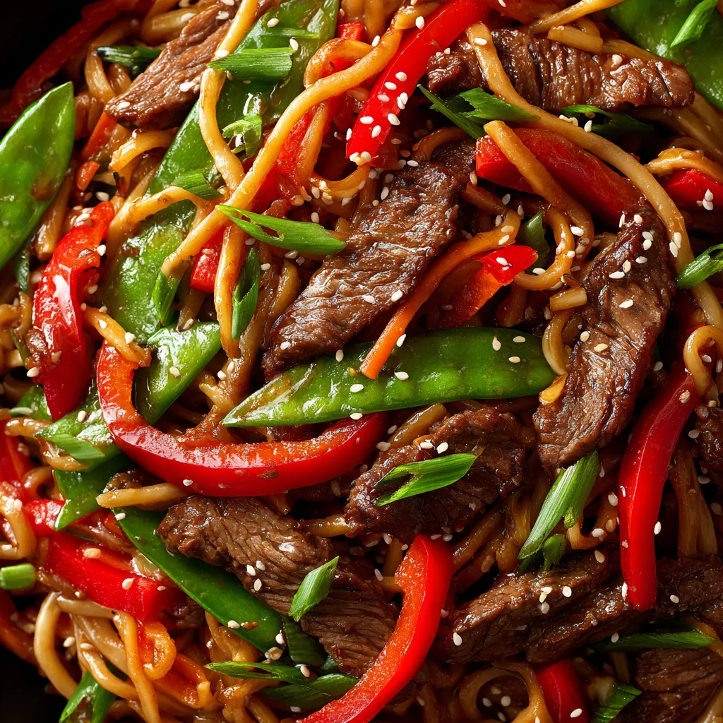 Ein Bild von Sesame Beef Stir-Fry Noodles, das eine Mischung aus Rindfleisch, Sesam und Zwiebeln enthält.